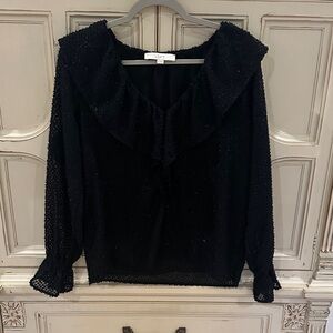 LOFT Black Textured Ruffle-Trim Long-Sleeve Blouse